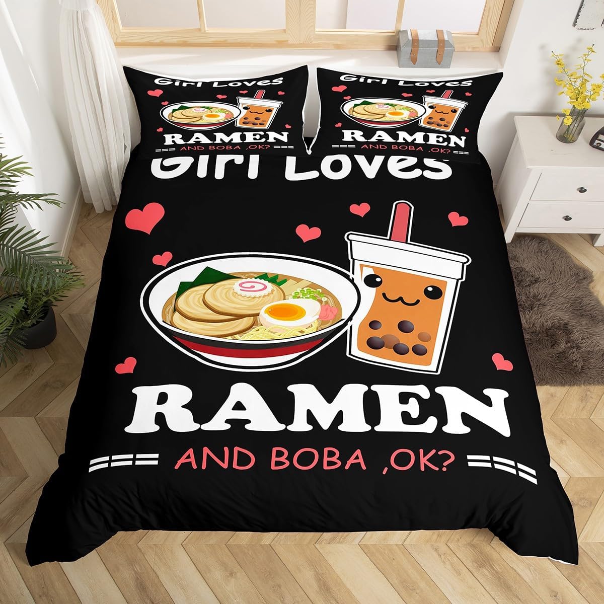 jejeloiu Ramen Boba Bedding 100% Cotton Set Anime for Kids Boys Girls Teens Noodles Bubble Tea Bedding 100% Cotton Set Girl Loves Ramen Boba Duvet Set Room Decor Quilt Cover Queen Size Zipper