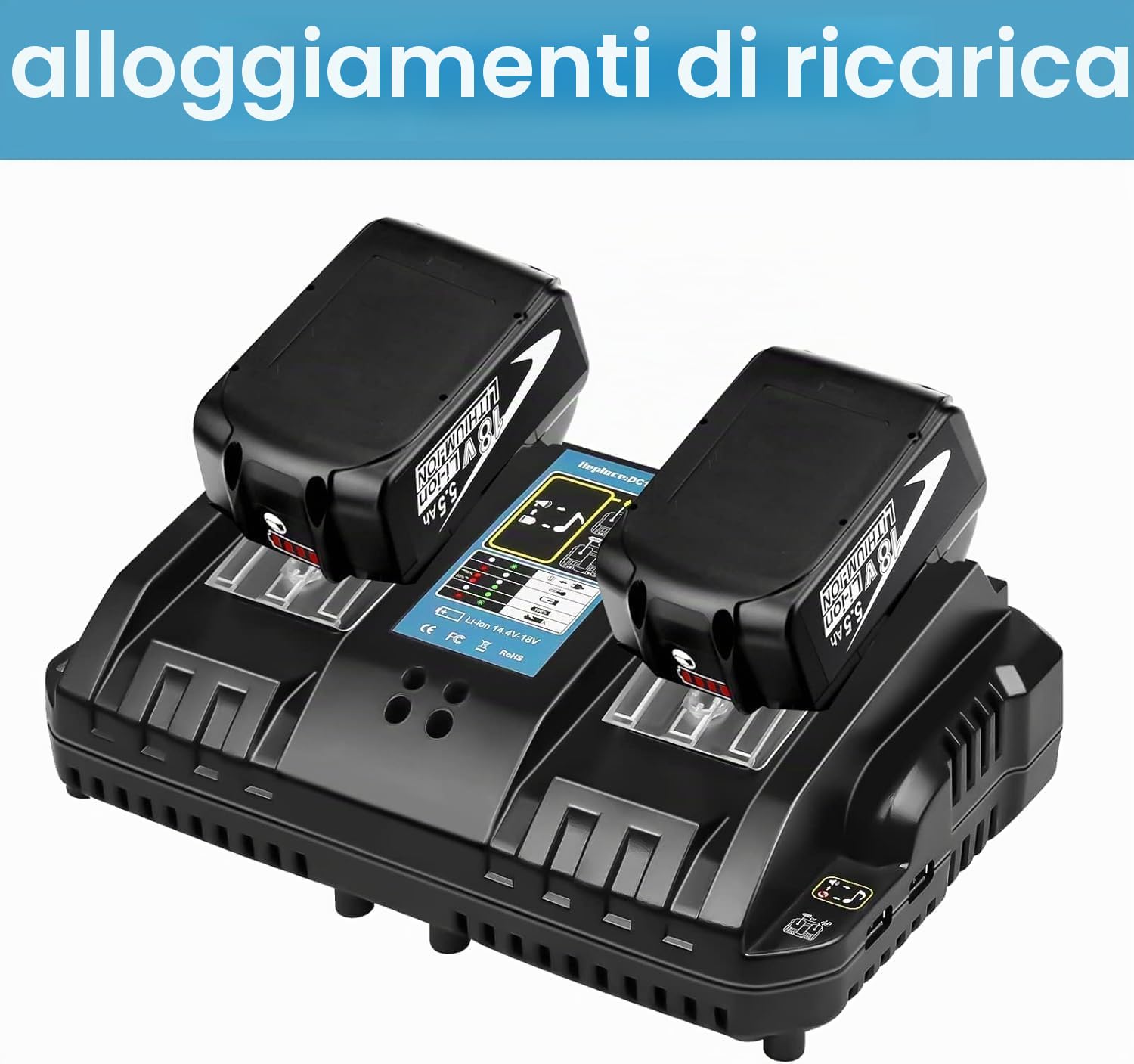 [2 Pezzi] Powayup Ricambio Batteria per Makita 18V 5.0Ah BL1850B + per Makita Caricabatterie 18V DC18RD Caricabatterie a Doppia Porta DC18RD DC18RC per Batteria BL1850B BL1830 BL1840 BL1850