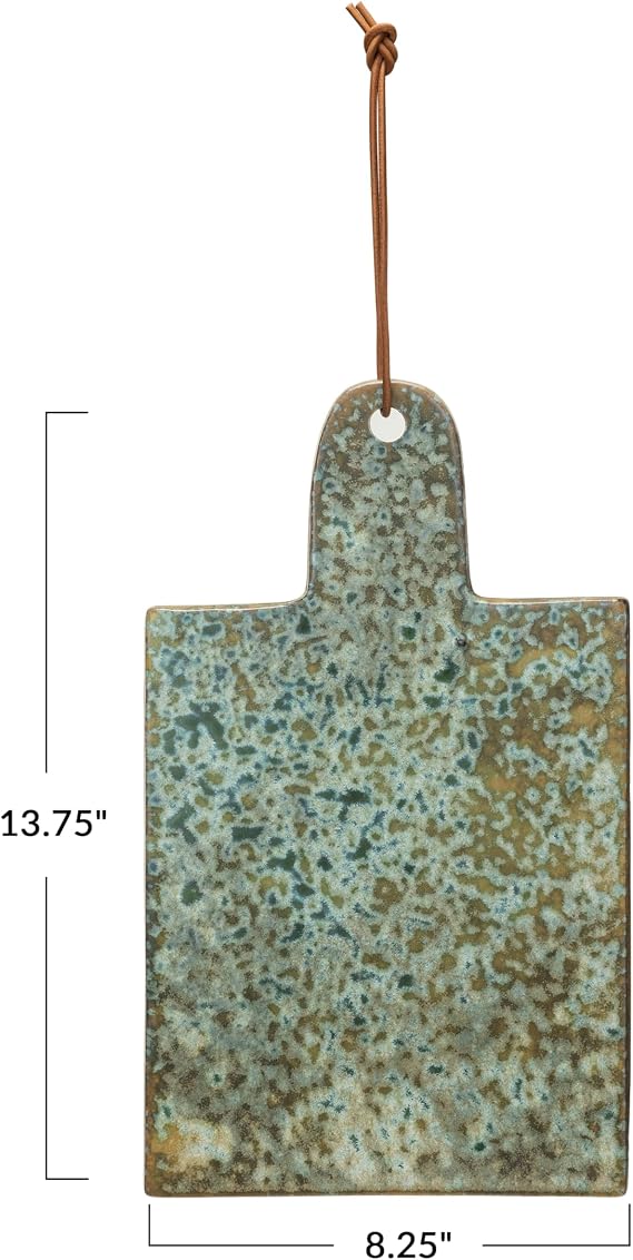 Creative Co-Op Matte Stoneware Cheese Board with Leather Tie, Green