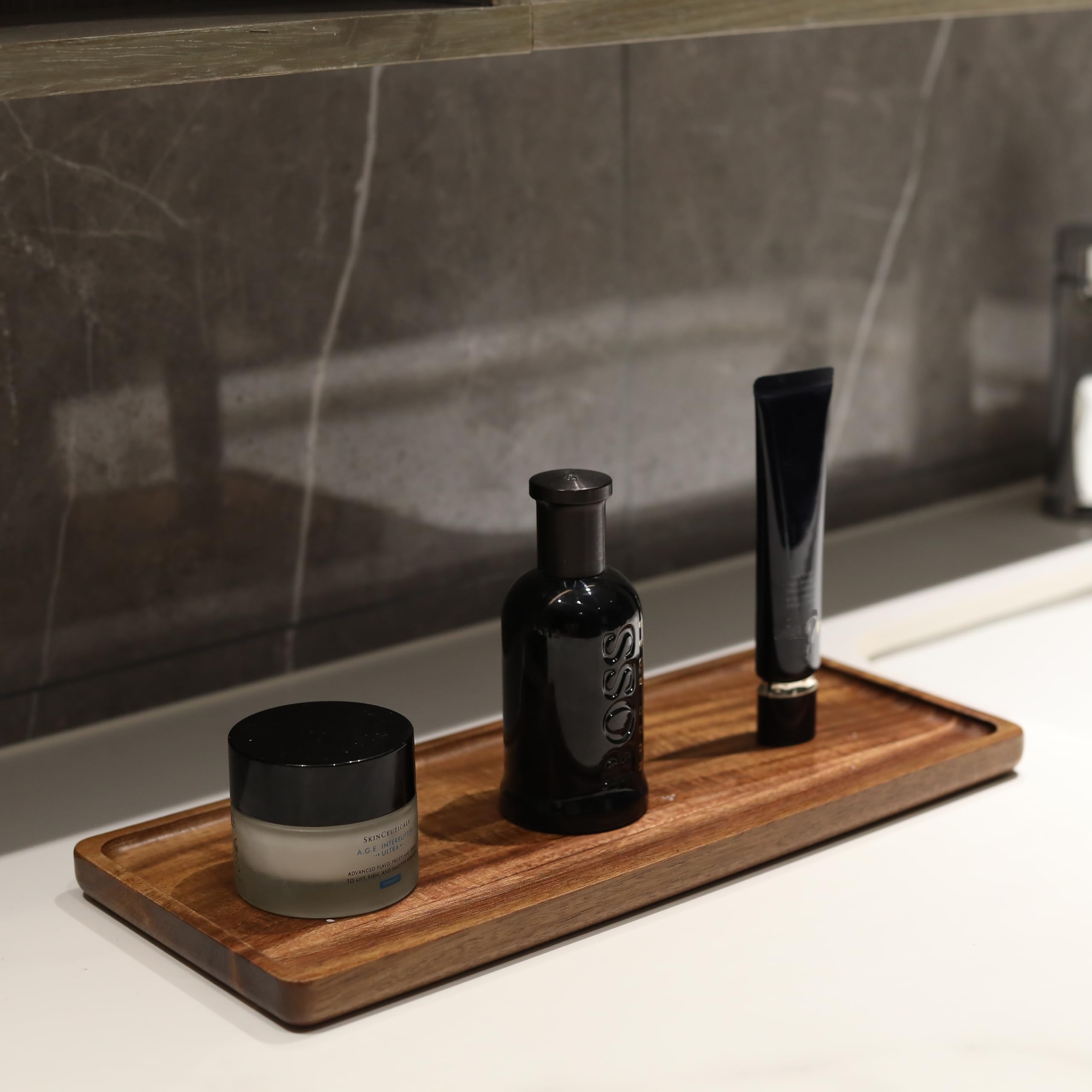 Vassoio da Bagno in Legno di Acacia, Vassoio da Toeletta in Legno, Vassoio Decorativo Rettangolare per Bagno (35 x 15 x 2 cm)