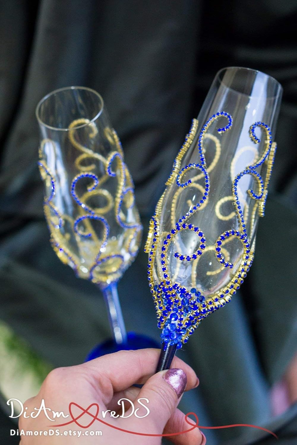 Navy Blue and Gold Wedding Decor - Engraved Champagne Flutes - Wedding Glasses - Wedding Toasting Glasses for Bride and Groom - Wedding Gift Set
