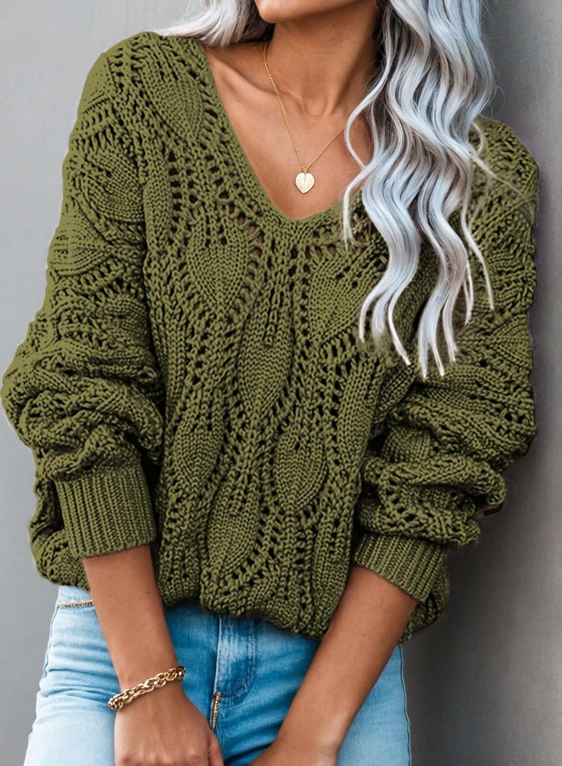 Dokotoo Women's Fall Sweaters V Neck Crochet Hollow Out 2025 Trendy Casual Winter Pullover Sweaters - Image 2