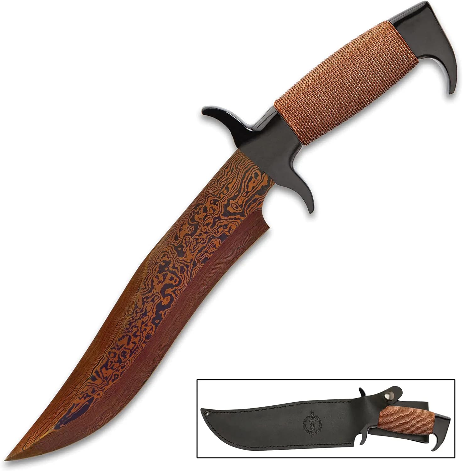 Gil Hibben Hellfyre Highlander Bowie Knife with Leather Belt Sheath - Damascus Steel Blade, Wire-Wrapped Handle, Black Metal Handguard and Pommel, Gotta Have Collectors Dream - Length 13 1/2"