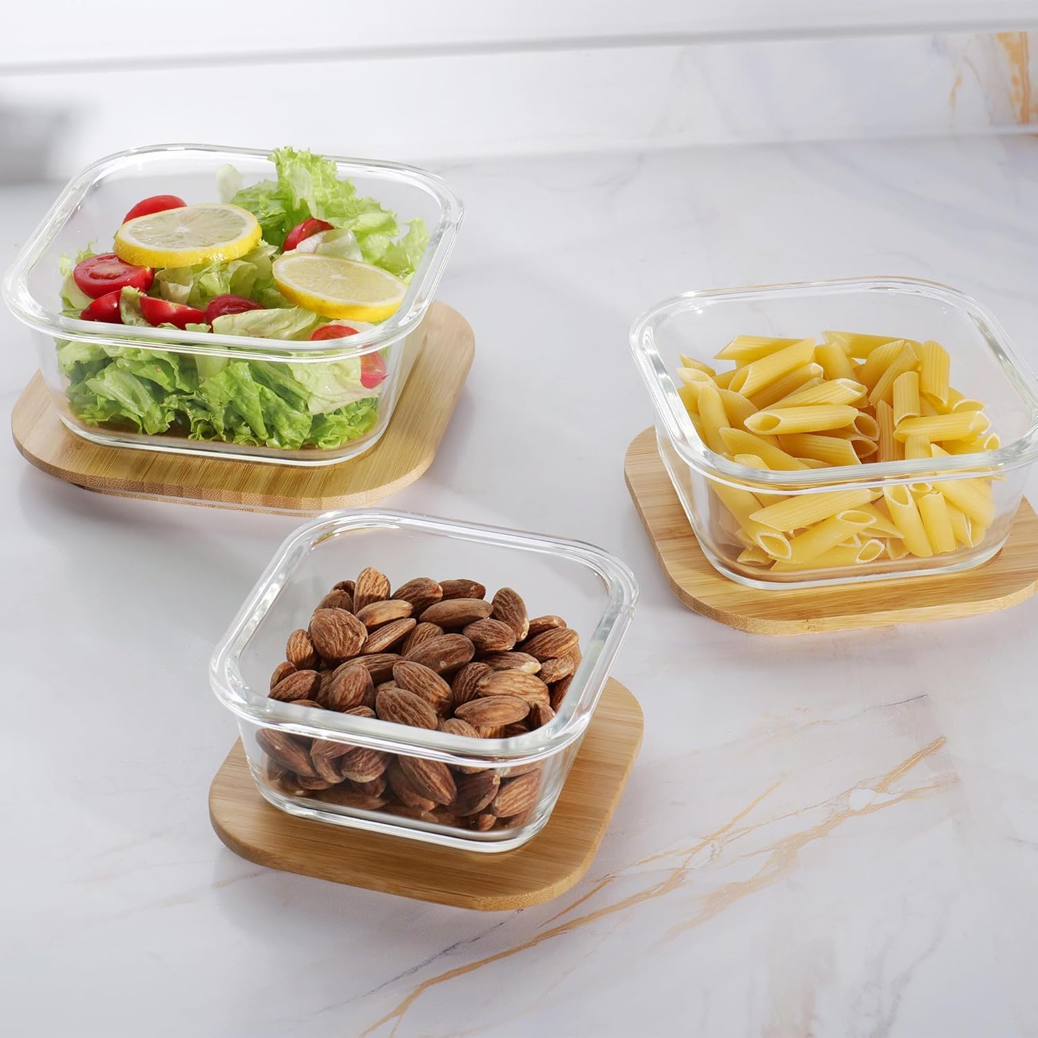 Kuber Industries Set of 3 Borosilicate Galss 800ml, 520ml, 320ml Square Food Kitchen Containers Set with Air-Tight Bamboo Lid | Multipurpose Storage Box for Fridge Organizers | Transparent