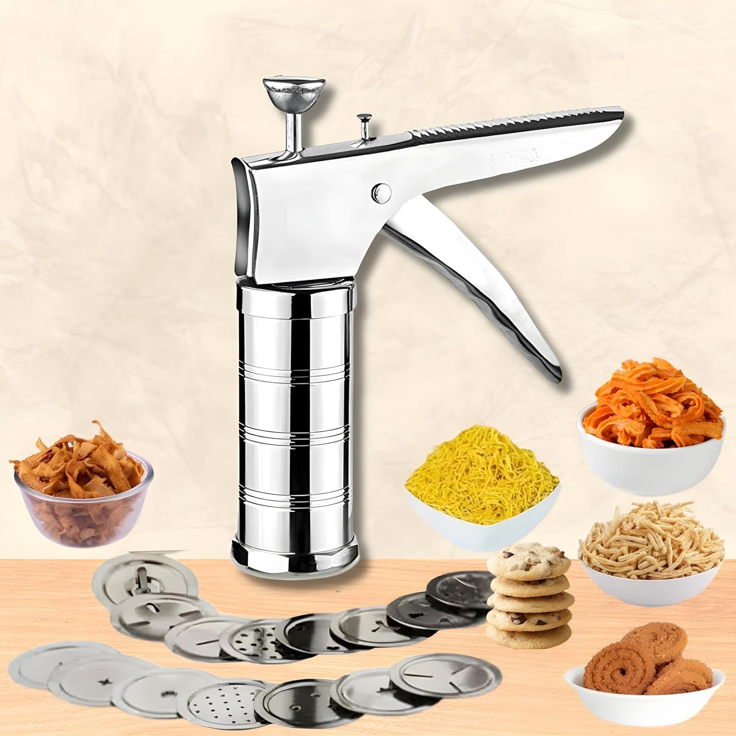 Stainless Steel Kitchen Press Sev Sancha Machine with 15 Jalis | Murukku, Chakli & Idiyappam Maker | Sev, Bhujia, Gathiya & Cookie Press | Snacks Maker