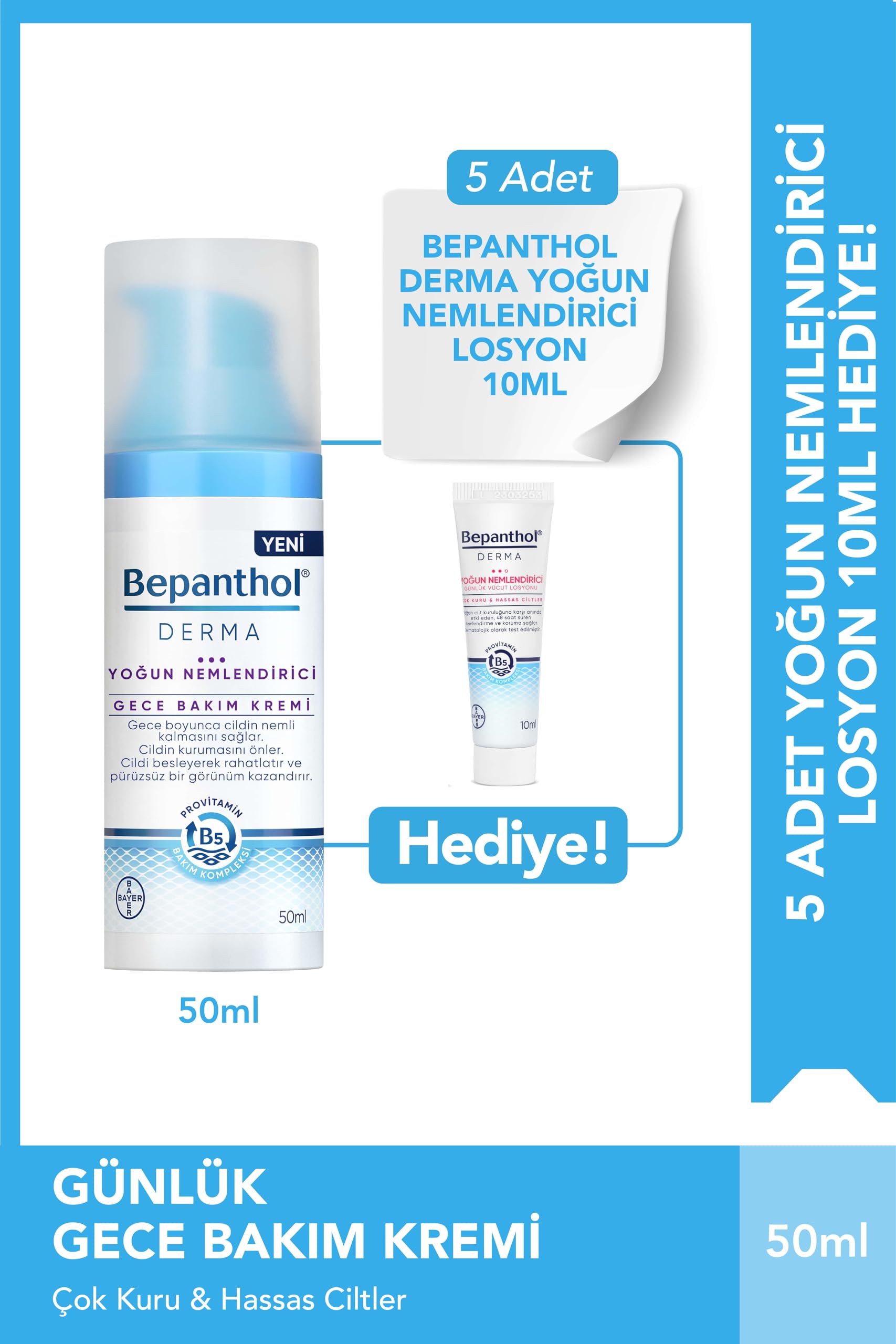 Bepanthol Derma Yoğun Nemlendirici Gece Yüz Bakım Kremi 50ml & 5 adet Yoğun Nemlendirici Losyon 10 ml