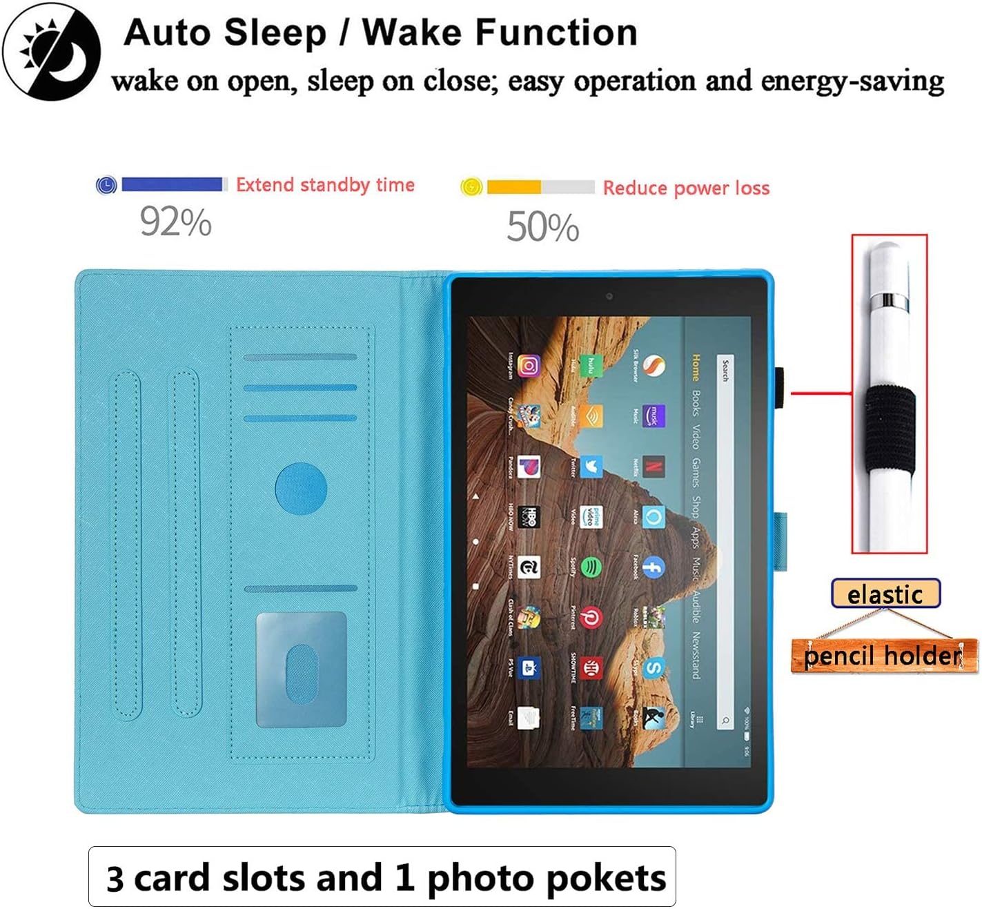 Kindle Fire HD 10 Tablet Case 9th/7th Generation with Pencil Holder [Auto Wake/Sleep] Card Slots Smart PU Leather Folio Stand Cover for Amazon Fire HD 10.1 inch 2019/2017, Rainbow Marble