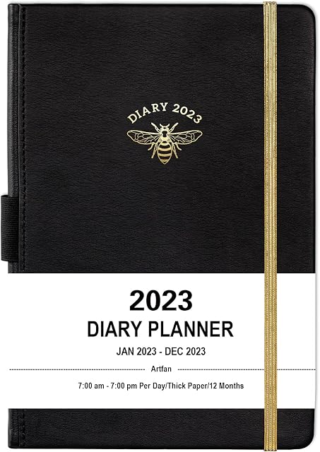 Diary 2023 - 2023 Diary A5 Page A Day, Jan. 2023 to Dec. 2023, Productivity A5 Daily Planner, with Monthly Tabs, Inner Pocket, Black, Banded, 14.5 X 21 cm