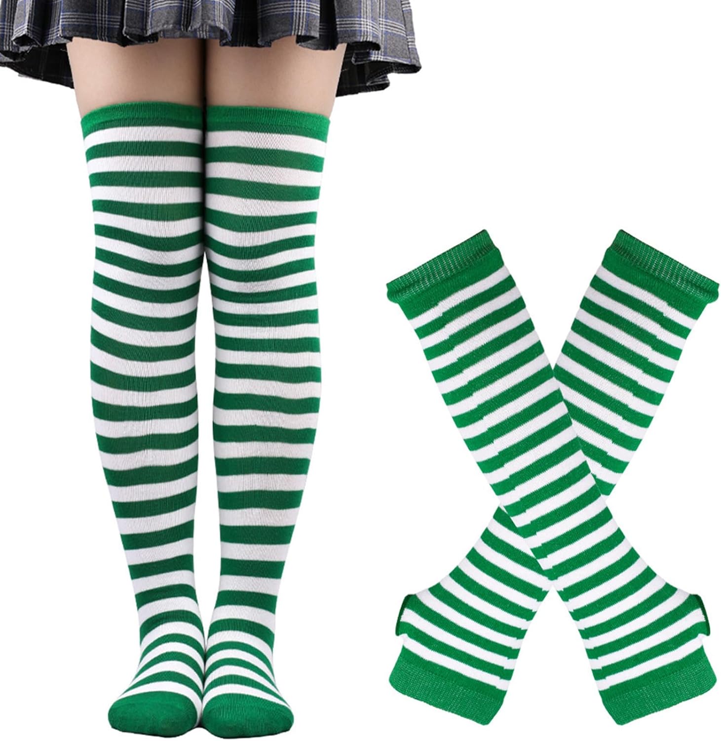 Womens Striped Thigh High Socks Long Arm Warmers Set Fingerless Gloves Halloween Costume Long Cotton Knee High Socks