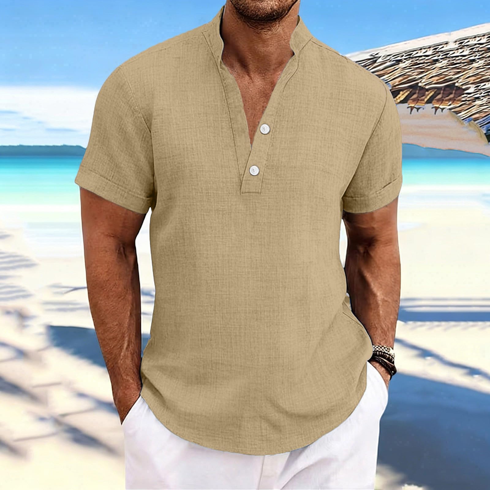 Chemise Homme en Lin Été Chemises à Manches Courtes Leger Respirant Décontractées Chemisier Coton Lin Col en V Couleur Unie Bouton T-Shirts de Plage Grande Taille Tops LâChe pour Casual Quotidien