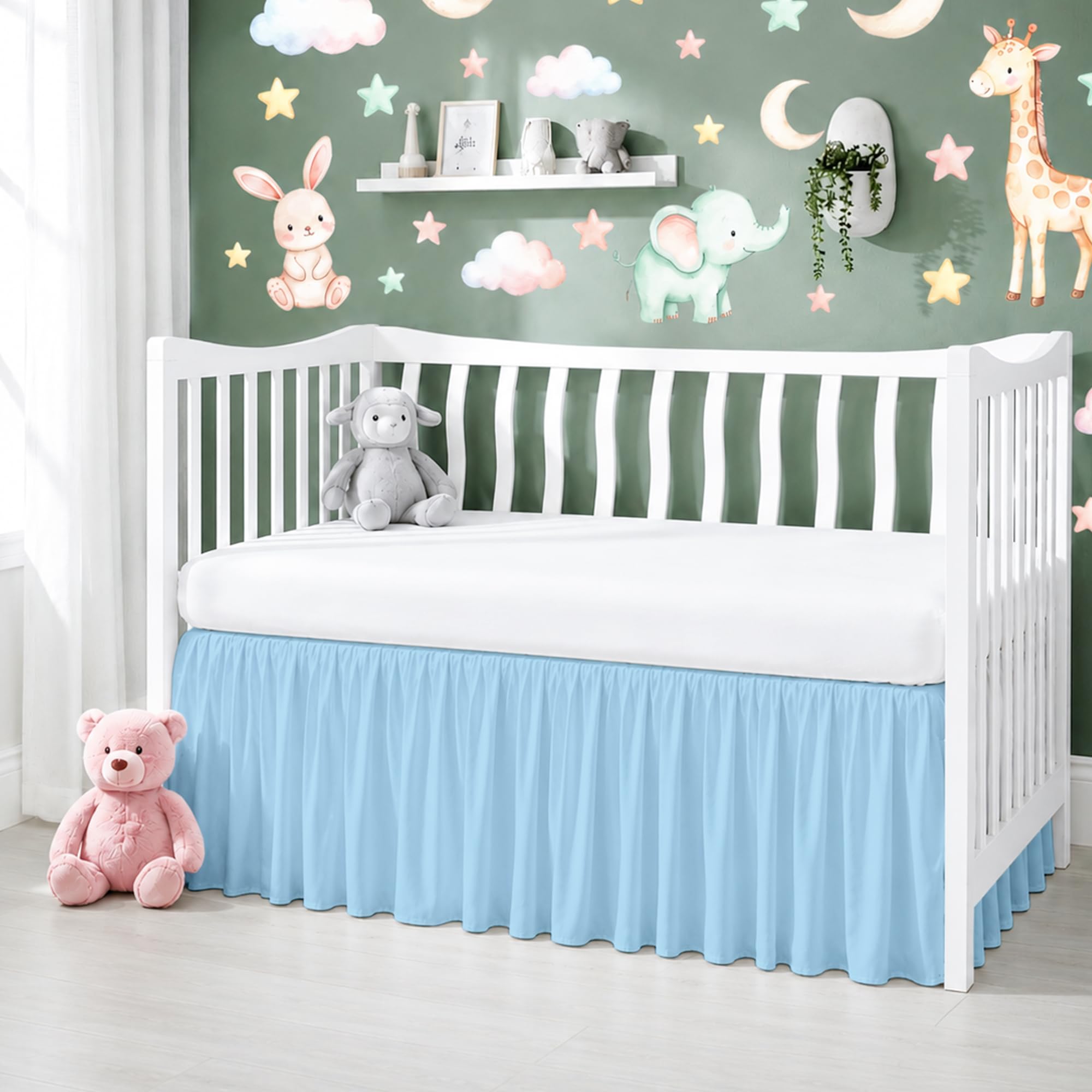 Cotton Crib Bed Skirt Dust Ruffle with Split Corners, 14" Drop, Light Blue | Nursery Standard Crib Bedding Bed Skirt for Baby Boys and Baby Girls. Hides Under-Crib Storage for a Neat Appearance
