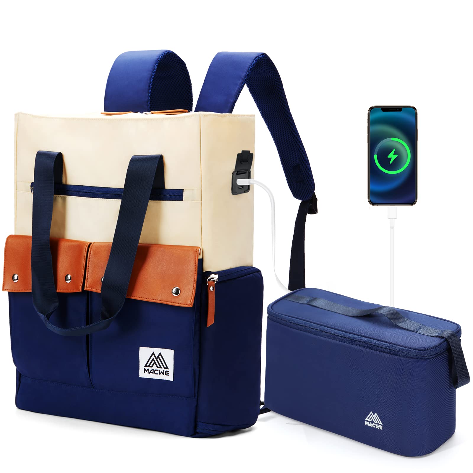 MACWE Lunch Backpack for Women - 15.6 Inch Laptop Backpack with USB Charging Port - Convertible Tote Backpack with Lunch Bag