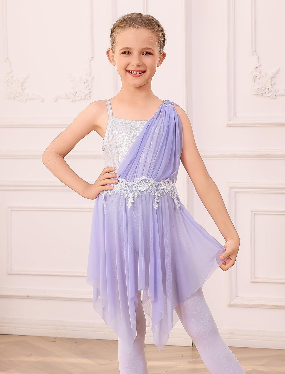 AFAVOM Lyrical Dance Dress for Girls Contemporary Dance Costume Flower Mesh Asymmetric Flowy Tulle Skirt for Competition 3-12