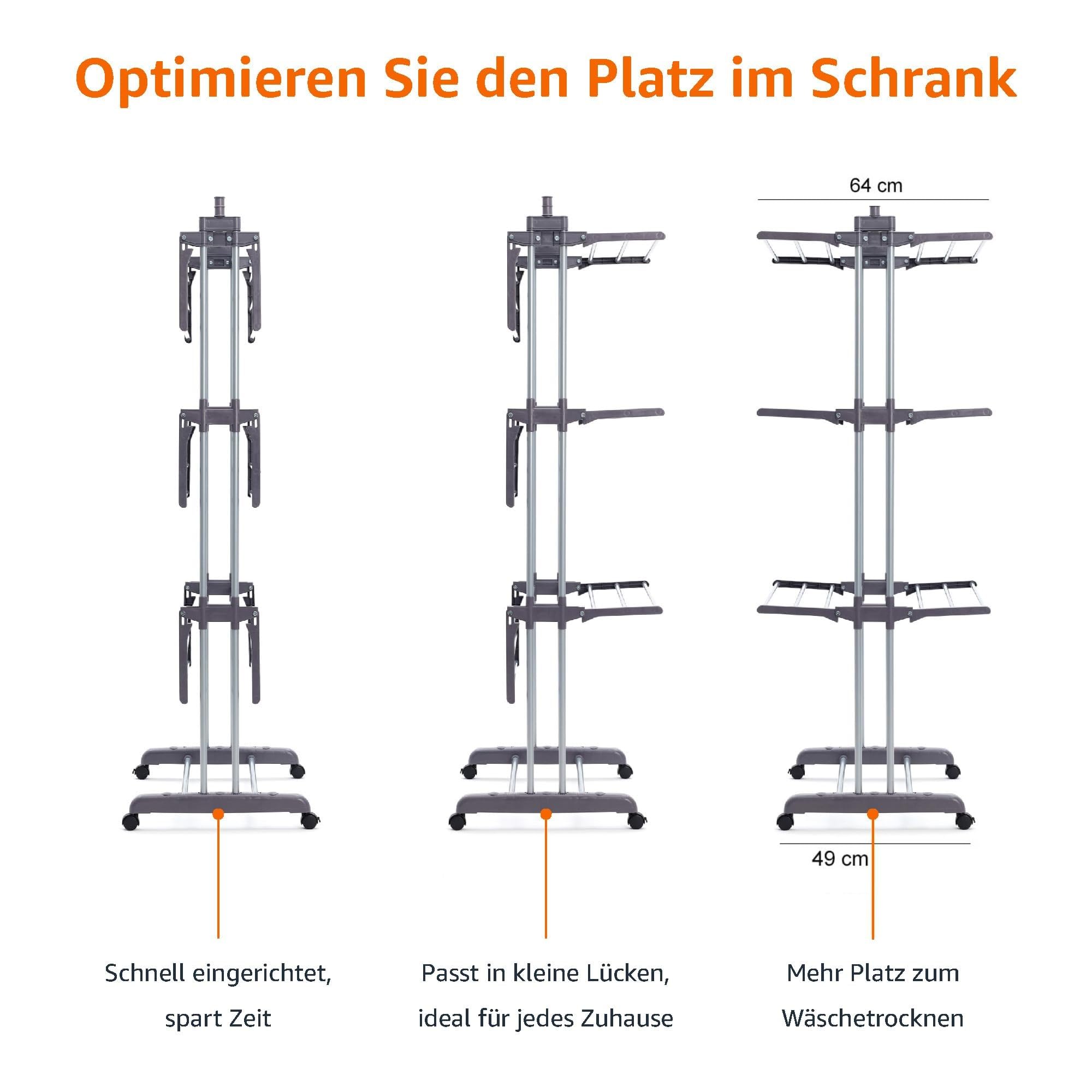 Amazon Basics Turm-Wäscheständer für innen mit faltbaren Flügeln, Garten, Grau, 4-stufig, 126 x 64 x 173 cm (L x W x H)