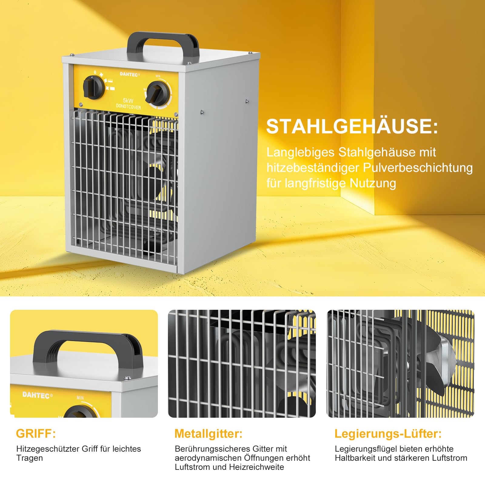 Elektroheizer Heizlüfter Große Räume Bauheizer 5000 Watt Elektro Heizstrahler mit Thermostat Elektrisch Heizgerät mit 3 Heizstufen Heizgebläse für Garage, Baustelle