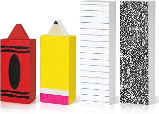 4 Pcs Back to School Table Decor Wooden Block Signs Pencil Crayon Composition Notebook Wood Tabletop Decor 4 Styles for Back to School Classroom Desk Shelf Tiered Tray Decor