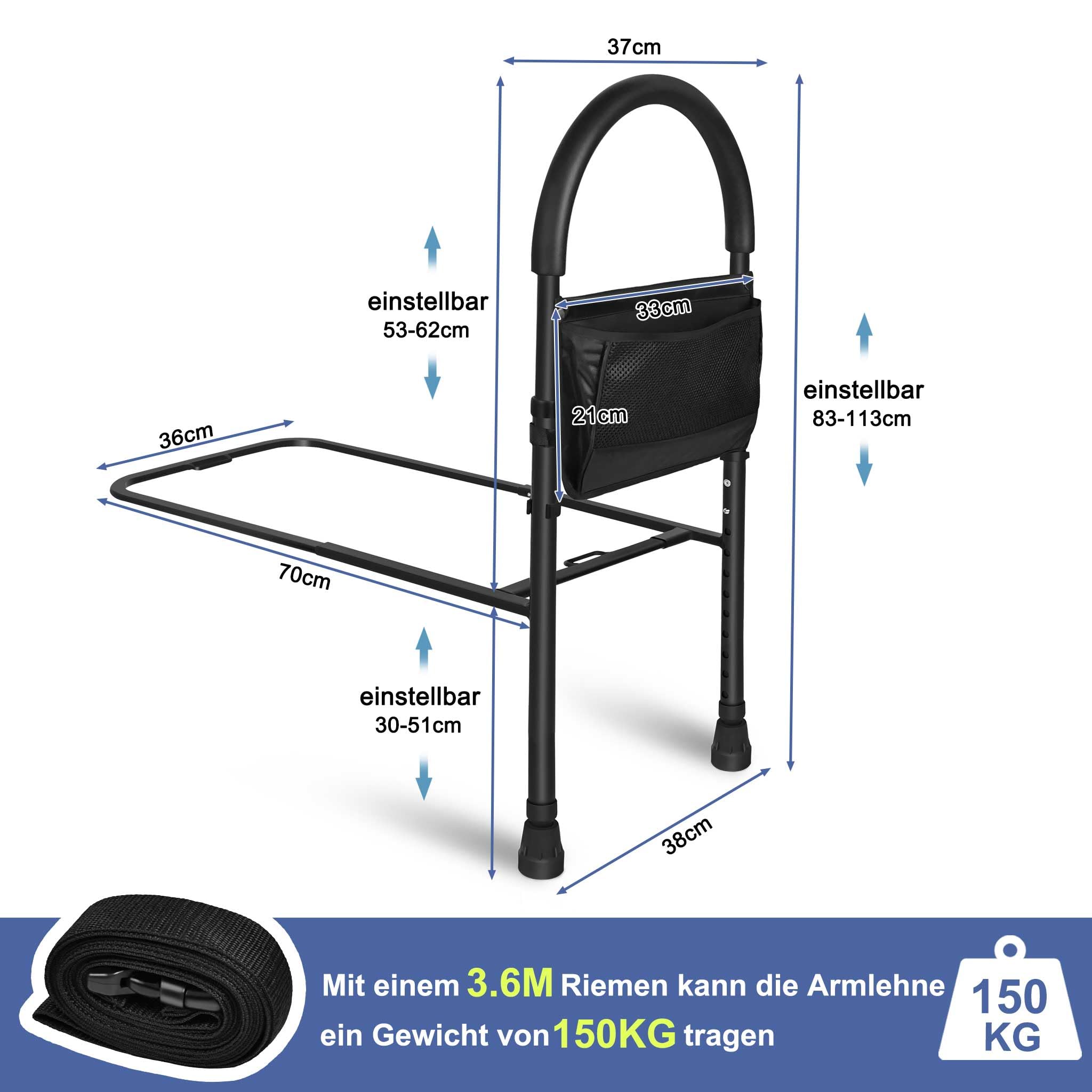 YRHome Składana barierka do łóżka, pomoc przy wstawaniu do łóżka, ochrona przed wypadnięciem, pomoc dla seniorów, regulowana 83-113 cm, z antypoślizgowym uchwytem do łóżka, stabilne nóżki i torba do
