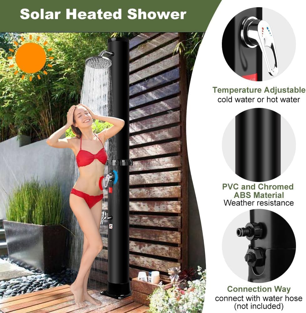 Doccia Solare Esterno 35 L, Colonna Doccia Solare Piscina con Telo Protettivo, Serbatoio PVC, Acqua Calda Fredda, Soffione Orientabile, Rubinetto Lavapiedi, Giardino Campeggio