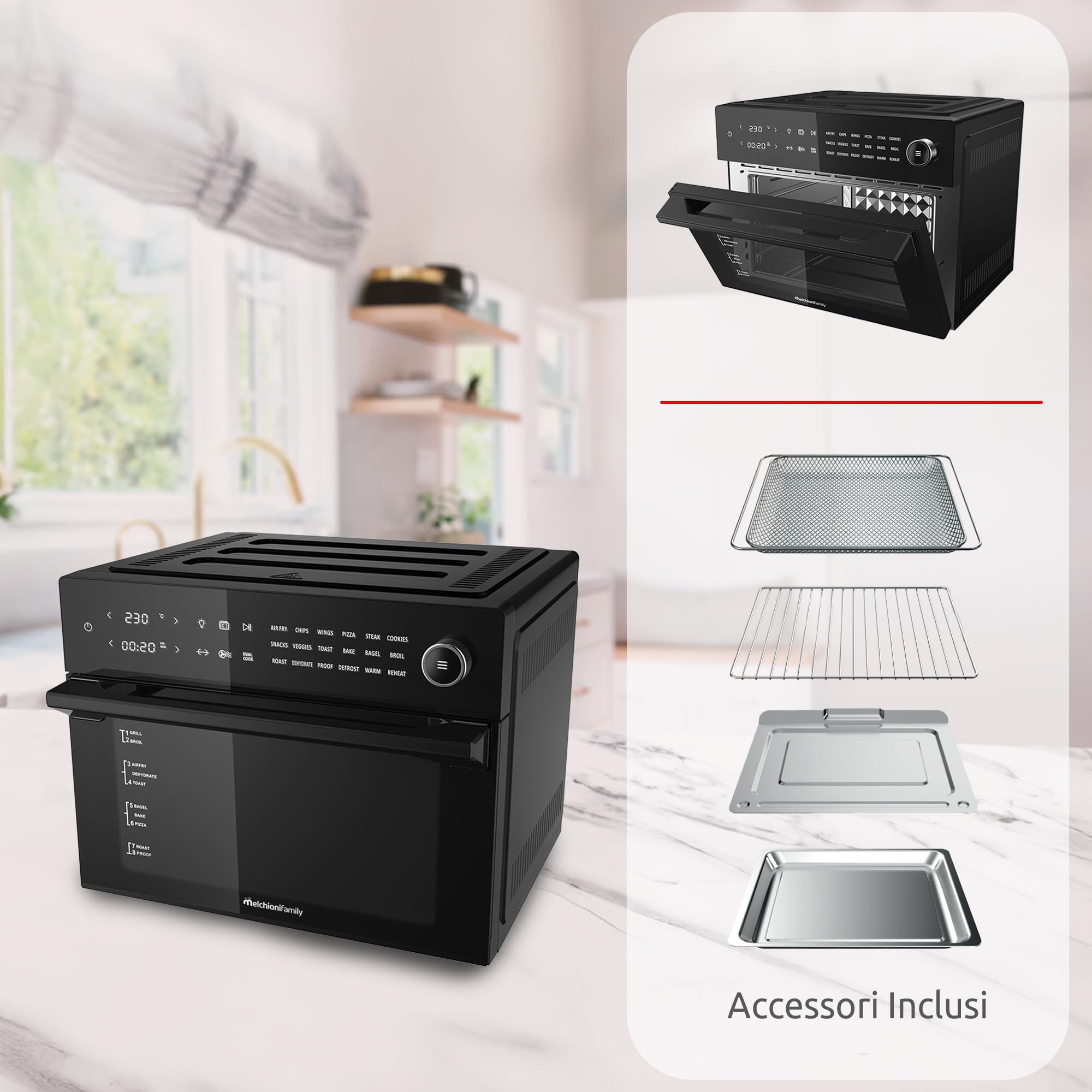 Melchioni Family | Friggitrice ad Aria BENEDETTA Capacità 30 litri, Display Digitale, Funzione Dual Cook, Air Fryer con 18 Programmi, 30-230°, Timer 12h, Colore Nero
