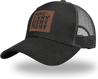 Here Fishy Fishy Hat Fishing Gifts for Men Women Gift for Fisherman Black Baseball Cap