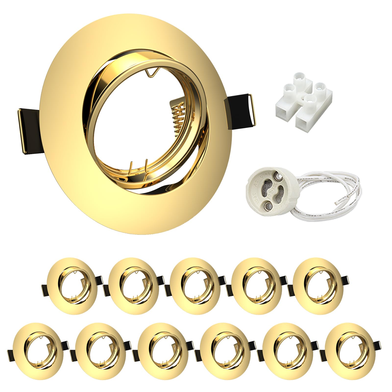 Wondlumi 12x GU10 Downlights for Ceiling Round Gold Metal Mounting Frame for Recessed Ceiling Lights 360° Tilt Swivel GU10 Spotlight Fittings