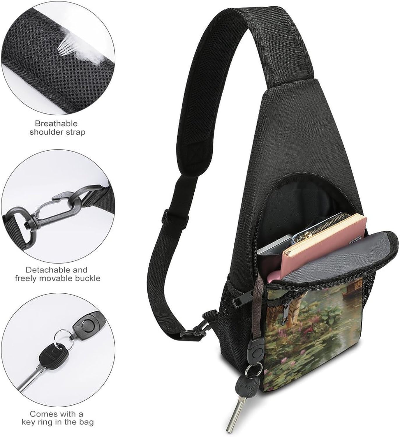 Tiger Temple Boat Water Lilies Crossbody Bag Sling Backpack Travel Daypack | unisex,zippered closure,adjustable strap,key ring,comfortable carry