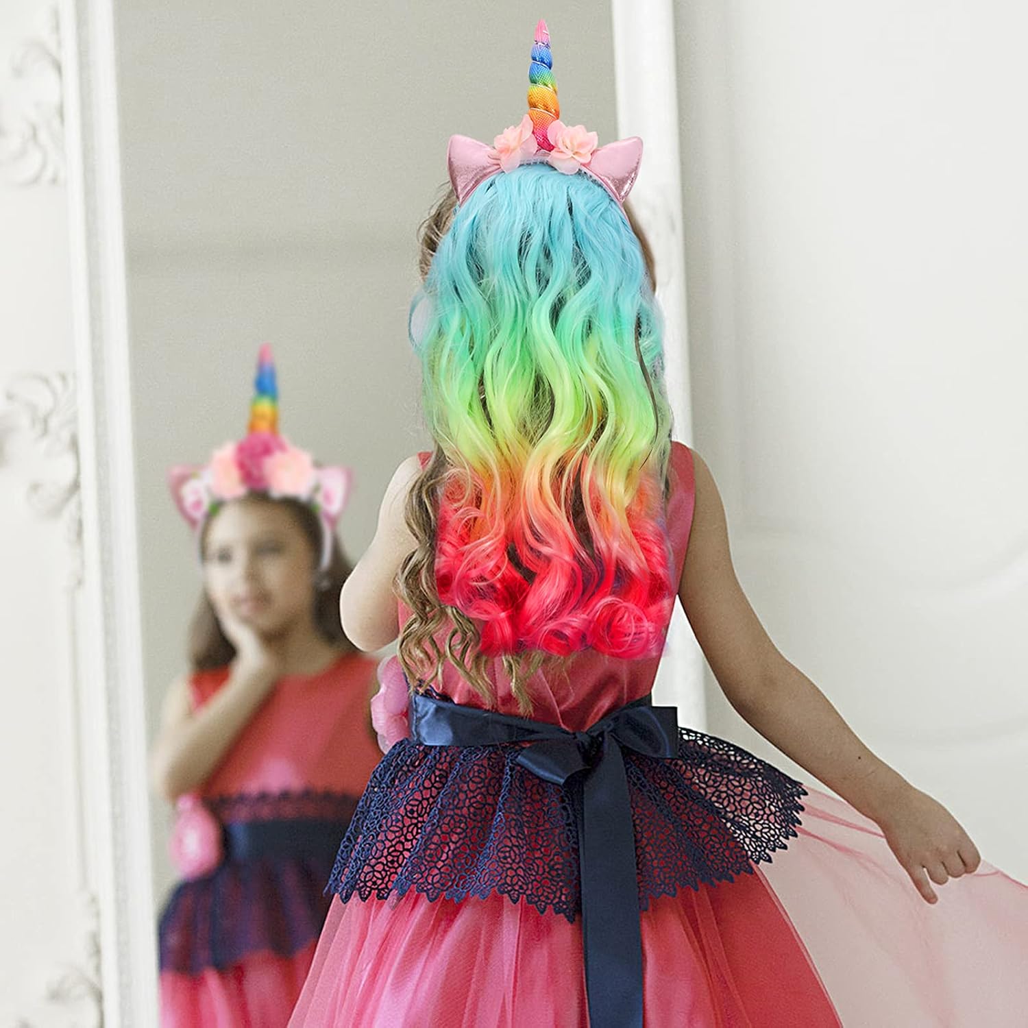 Hifot Unicorn Headband Curly Wig for Girls, Rainbow Flower Birthday Party Supplies Halloween Decorations for Kids Hair Accessories