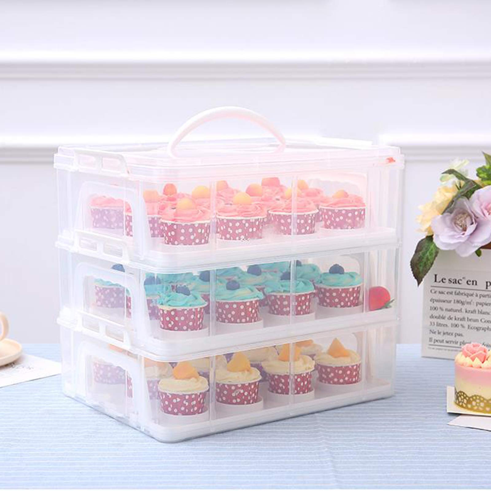 Contenitore porta cupcake a 3 ripiani, in plastica trasparente, per contenere 36 cupcake o 3 torte grandi