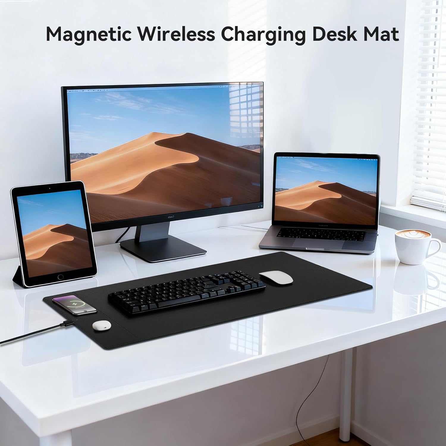 Wireless Charging Mouse Pad, 15W Fast Charge Magnetic Charger Desk Pad, Large Office Desk Mat (35.4"x16.9") with Ultra-Smooth Surface, Black Computer Mousepad for MacBook, PC, Laptop