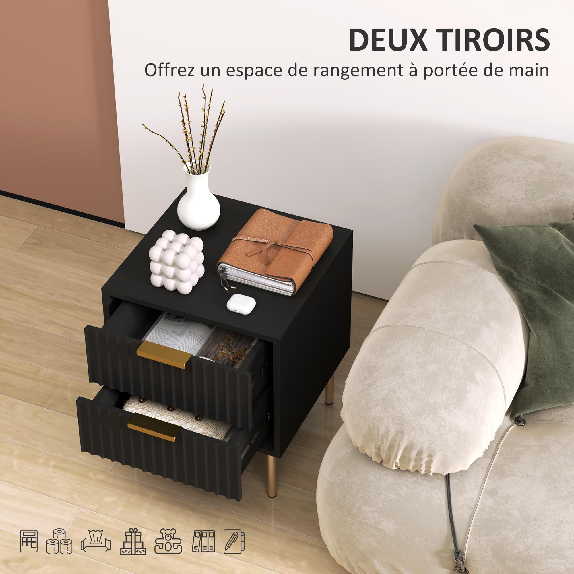 HOMCOM Table de Chevet Cannelée 2 Tiroirs Pieds Acier 40 x 39 x 48 cm Noir