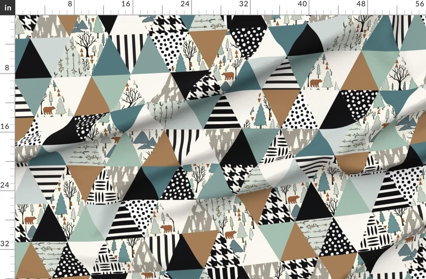 Spoonflower Fabric - Woodland Cheater Quilt Whole Cloth Triangle Sage Sienna Bear Forest Printed on Organic Cotton Sateen Fabric by The Yard - Sewing Quilting Apparel Home Decor