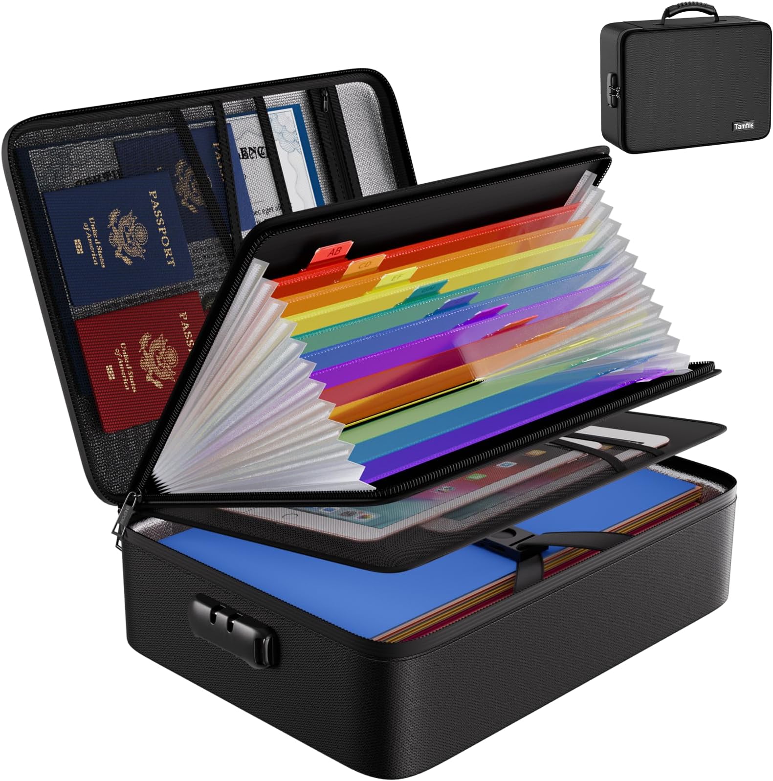 Tamfile 5200°F Fireproof Document Box, Waterproof Document Bag, Accordion Folder, Document Organiser, Portable File Storage Box with Lock (Black + Colour, 38.5 x 28.5 x 11 cm, 13)