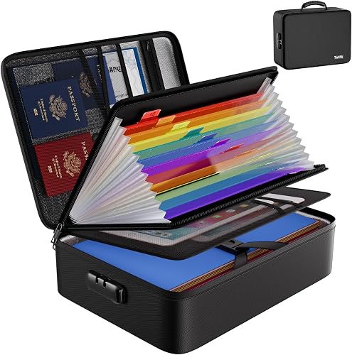 Tamfile Fireproof Document Box, Document Bag with 13 Pockets Colorful Inside Expanding File Folder Document Organiser and Labels, Portable File Storage Box with Lock for Office Home School, Black