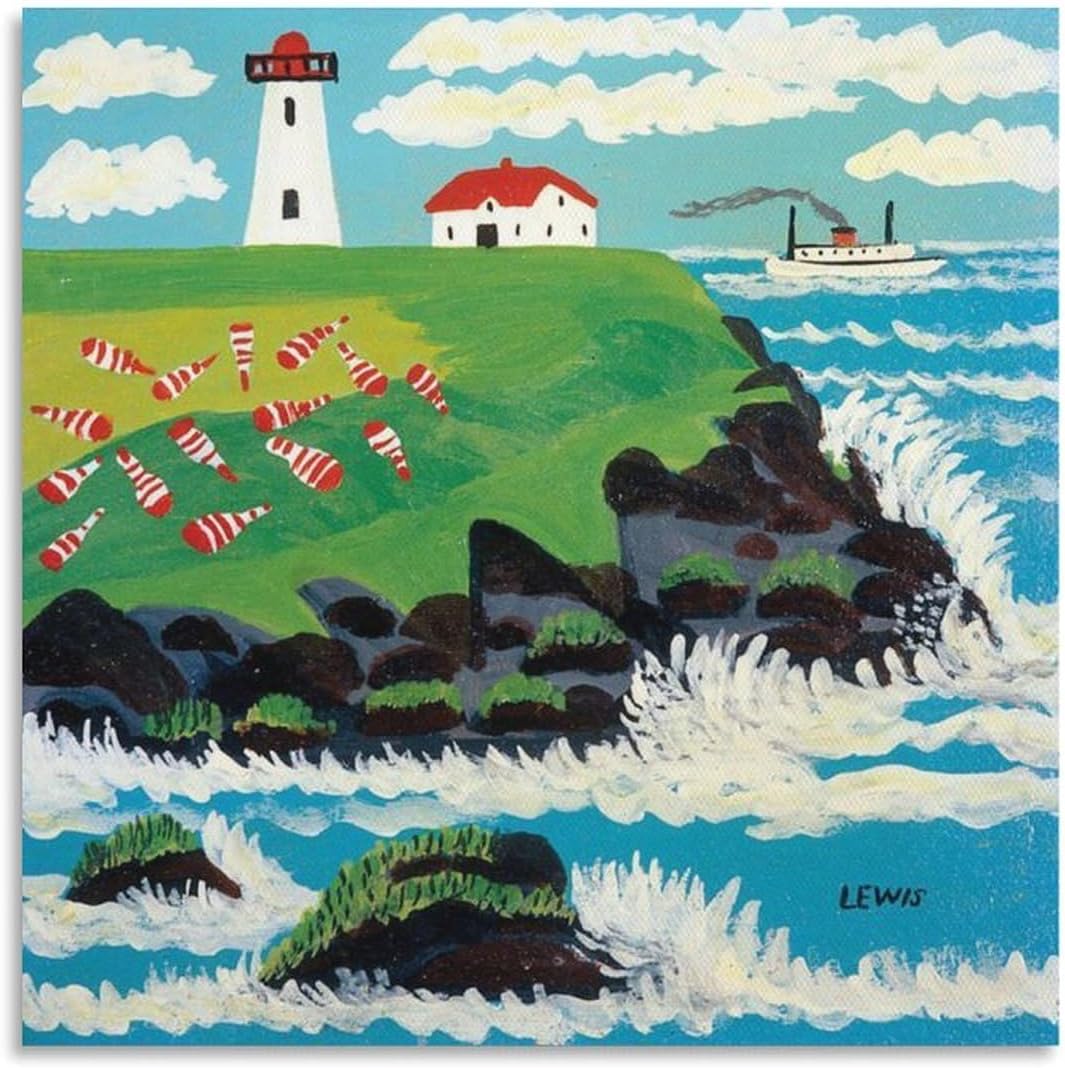 Maud Lewis Poster Digby Ferry Passing Point Prim Lighthouse Wall Art Poster Bedroom Prints Home Decor Hanging Picture Canvas Painting Posters 16x16inch(40x40cm)
