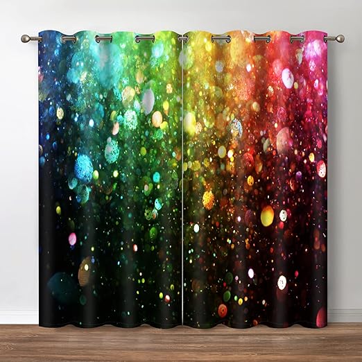 Jekeno Rainbow Theme Blackout Curtains - Colorful Dots Glitter Sparkling Print 70% Blackouts Curtain for Living Room Rainbow Lovers Bedroom Home Decor Grommet Window Drapes 2 Panel Set, 52" x 63"