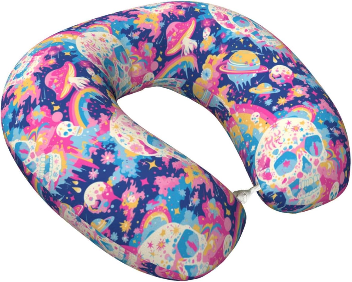 Skull Rainbow Color Space Travel Pillow Memory Foam Neck Pillow, Travel Essentials Airplane Pillow, Neck Pillow for Traveling/Sleeping, Travel Accessories for Women Men