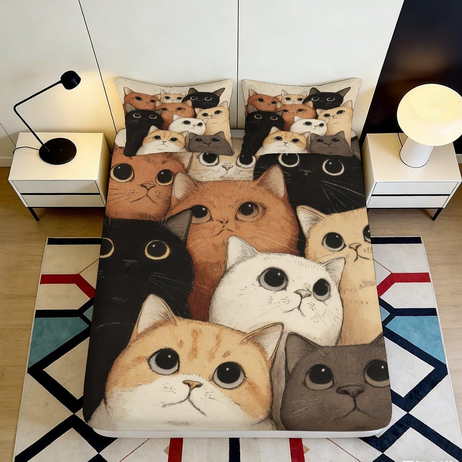 3D Printed Cartoon Cat Fitted Sheet Microfiber Bedroom Decor Cute Animal Bed Cover for Home Dorm Guest Room 90x200x25cm