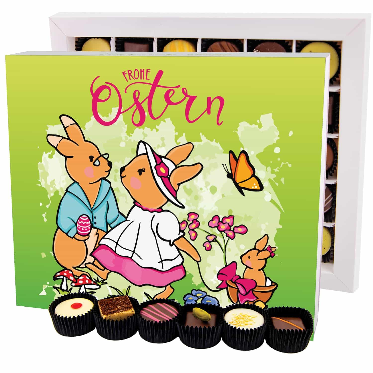 Hallingers Genuss Manufaktur Pralinen Oster-Geschenk - ohne Alkohol, handmade aus Confiserie-Edelkakao in wertiger XXL-Geschenkbox "Hasenfamilie", Ostern Körbchen für Frauen Männer