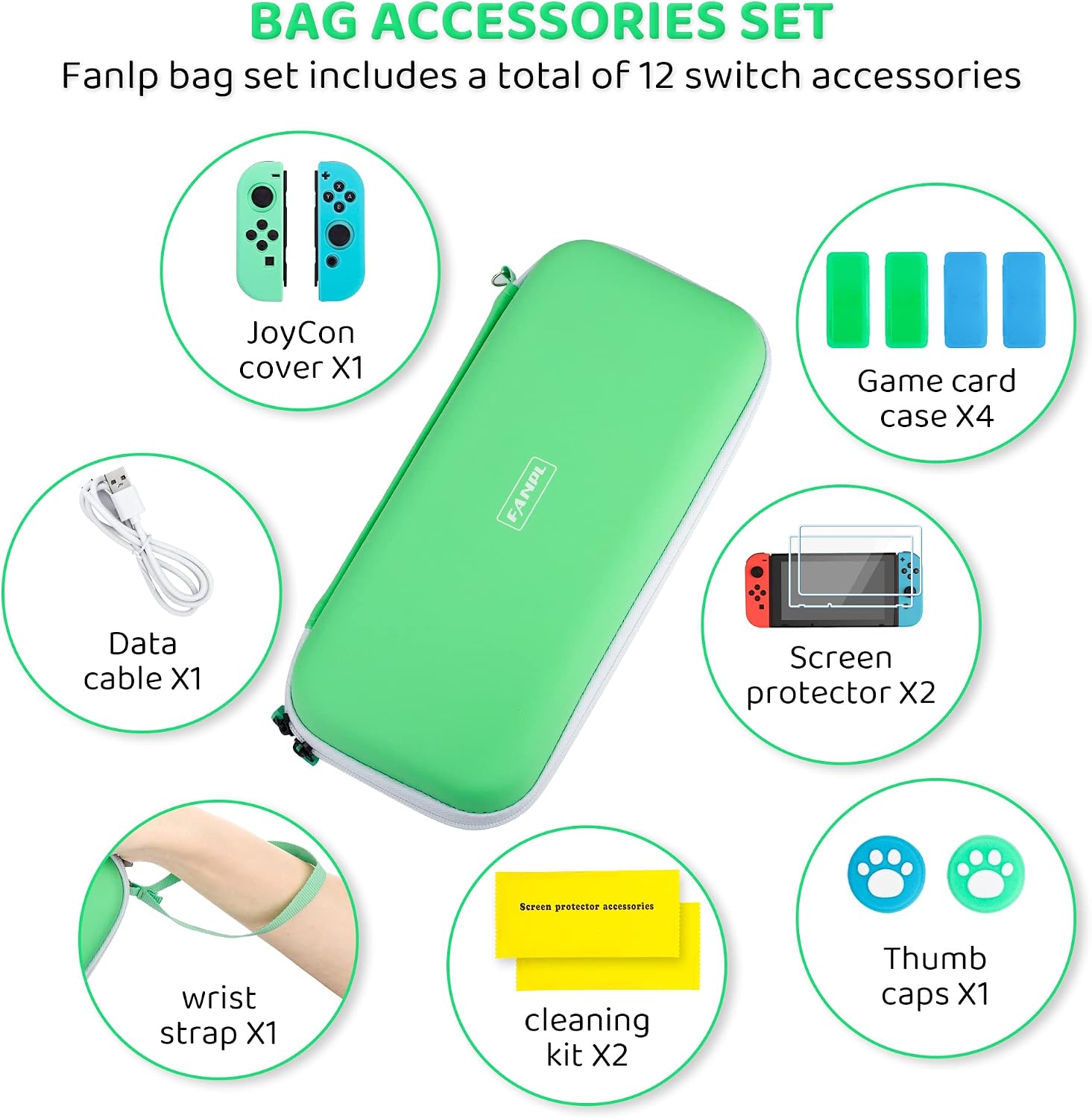 FANPL Switch Accessories Bundle, 14 in 1 kit for Nintendo Switch & Switch OLED with Carrying Case, Silicone protective case for Joy-Con, 2 Screen Protector, Game Storage Case, Thumb Grips, USB C Cable
