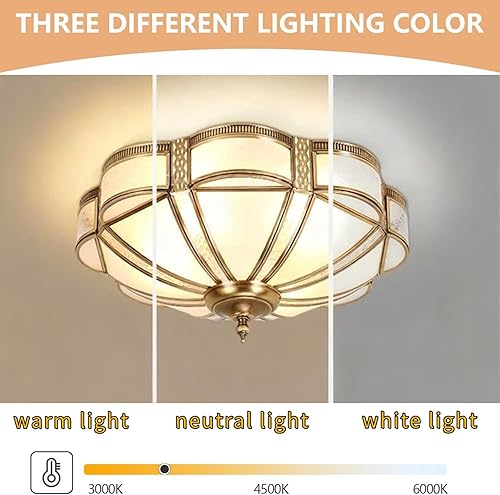 Miniatura 7 de Lámpara de techo retro de latón americano, lámpara de techo de forma redonda con pantalla de vidrio esmerilado (17.71 pulgadas de ancho)