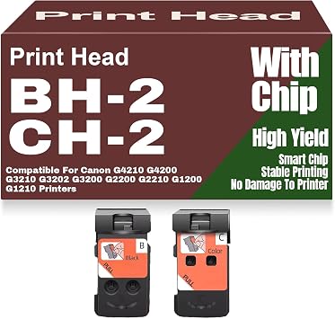 BH2 CH2 Print Head Compatible Replacement Kit BH-2 CH-2 Black Color Printhead High Yield for Canon G4210 G4200 G3210 G3202 G3200 G2200 G2210 G1200 G1210 Printers,2PC Set Pack