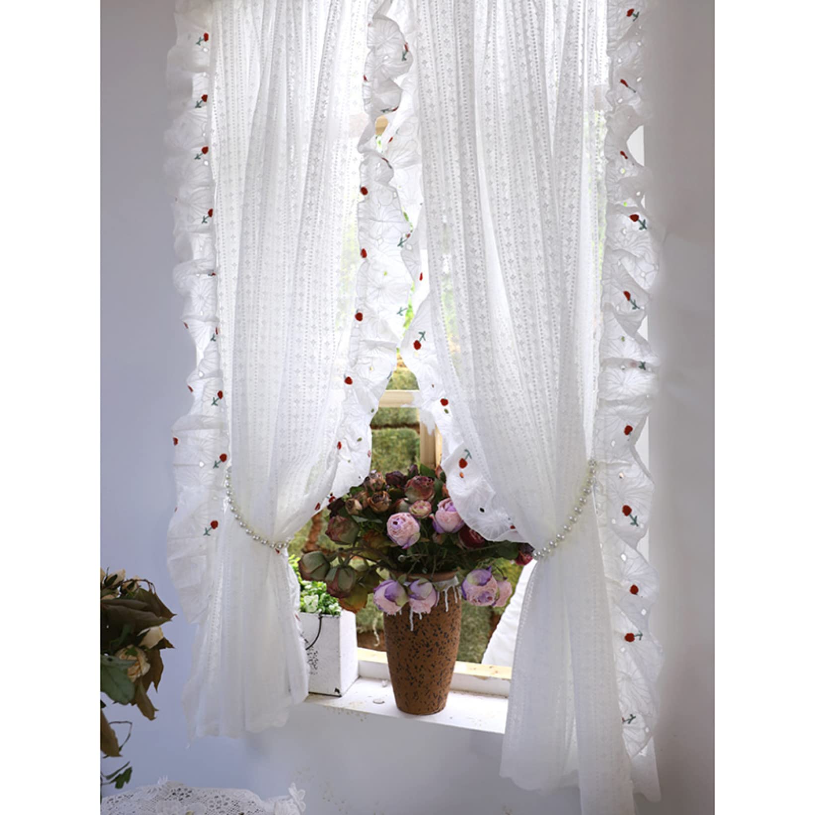 楽天市場】カフェカーテン レース アメリカン 花柄 刺繍 リボン 32cm丈