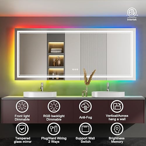 Miniatura 121 de Espejo de baño LED de 40 x 32 pulgadas, luz frontal y retroiluminada, antiniebla, regulable, espejo de tocador iluminado con memoria, espejo LED