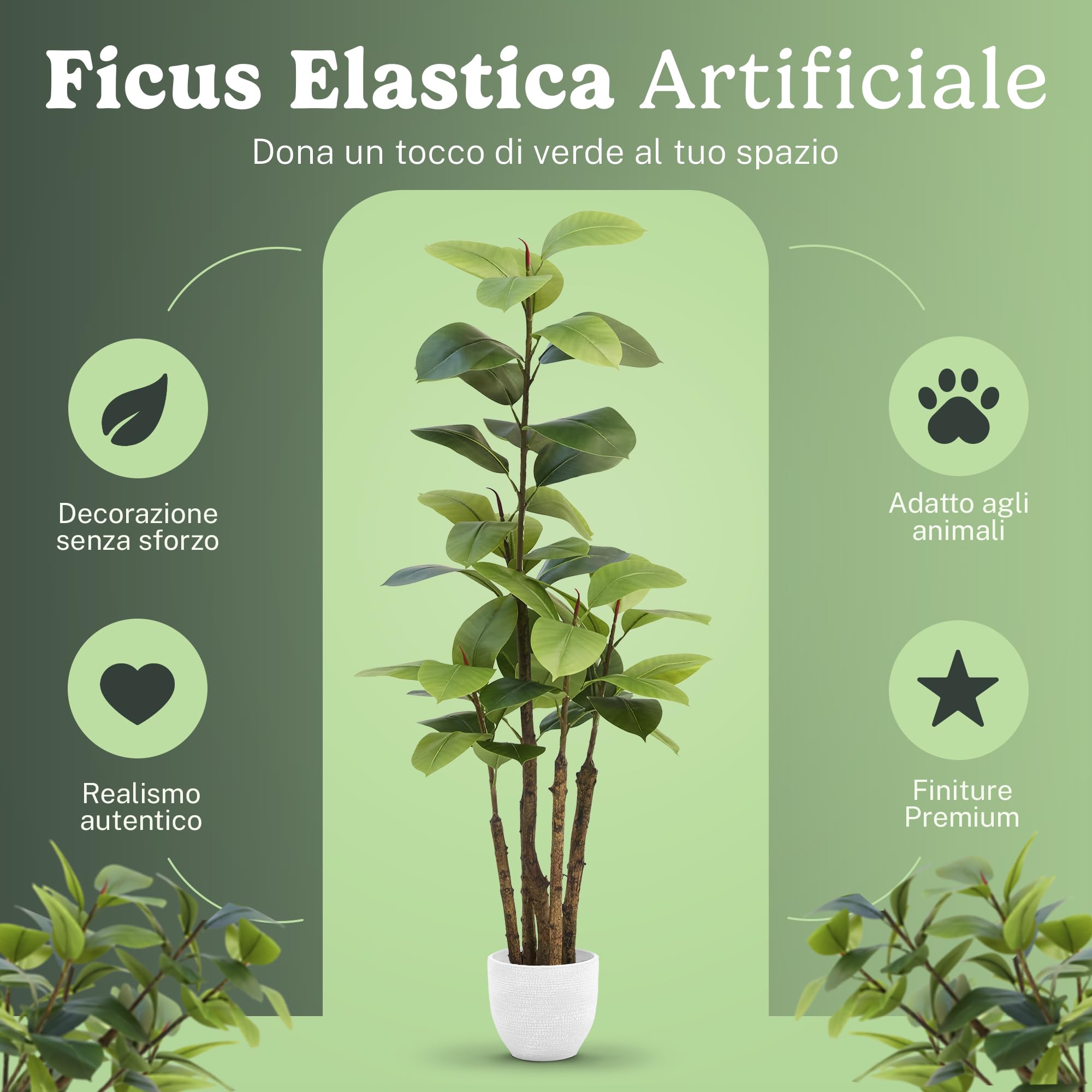 Maia Shop Ficus Elastica 120 cm - Pianta Artificiale da Interno | Pianta Artificiale Alta con Foglie Realistiche per Casa Soggiorno Ingresso Ufficio - Vaso Nero Incluso