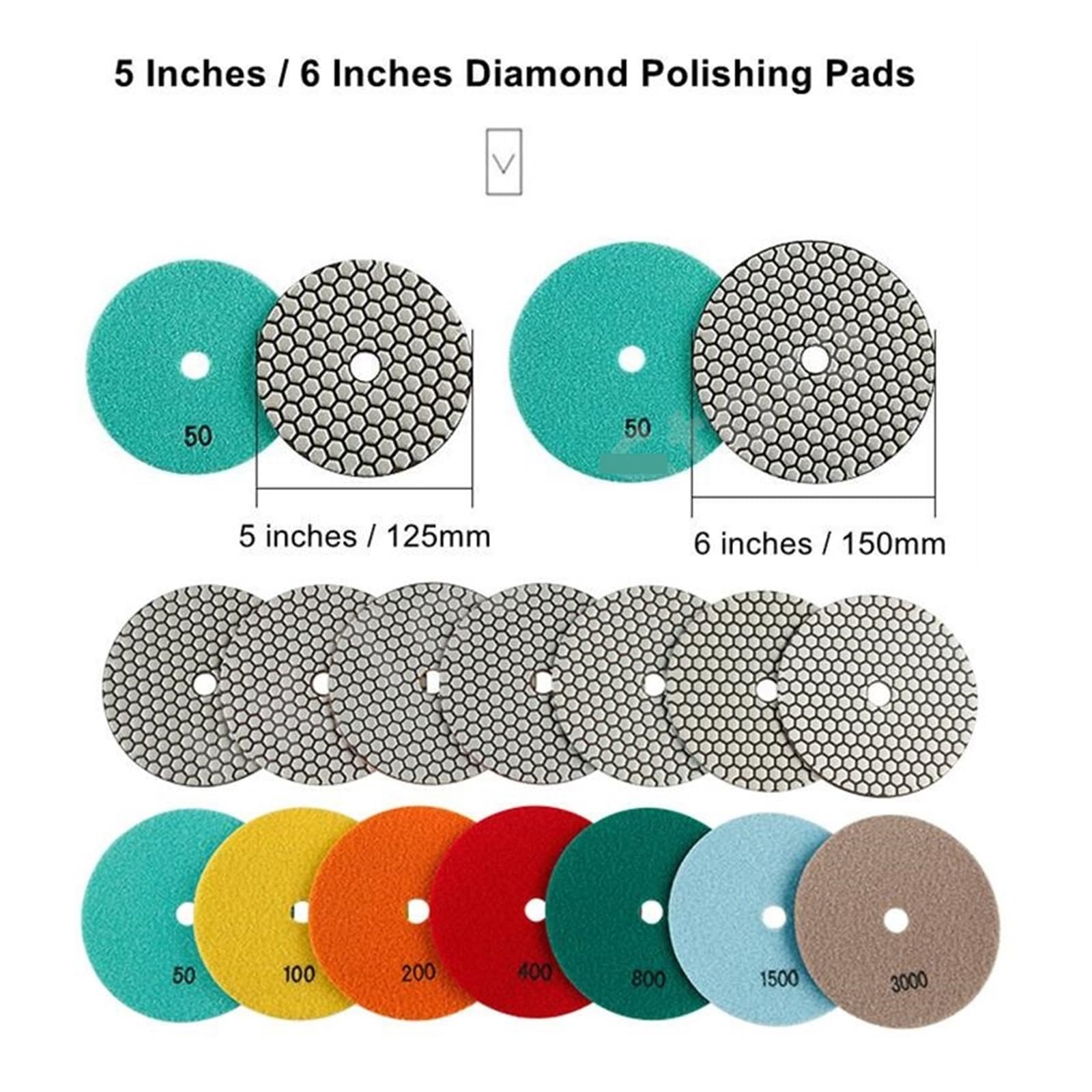 Juego de 7 almohadillas de pulido de diamante de 5/6 pulgadas, disco de lijado en seco, disco de amolado para mármol, granito, láminas de pulido, herramientas de amolado (7 unidades de 5 pulgadas, 100