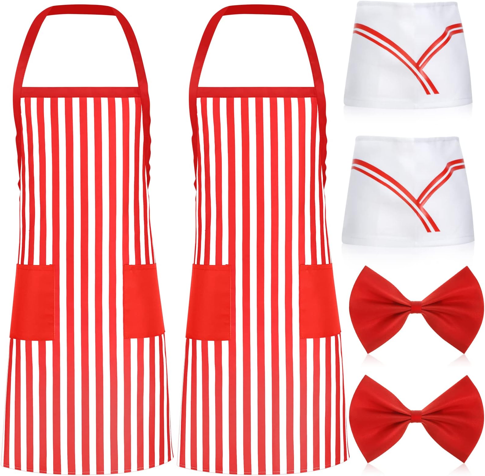6 Pcs 1950s Waiter Adult Costume Kit Soda Jerk Costume Ice Cream Outfit Red White Striped Apron 2 Pocket Chef Hat Bow Tie