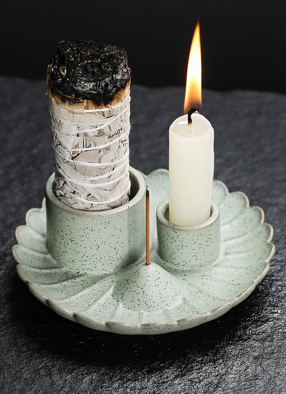 Soporte Salvia, 3 en 1 Cerámica Soporte de Incienso para Palo Santo, Salvia, Bandeja Colectora de Cenizas Hecha a Mano para Sala Meditación