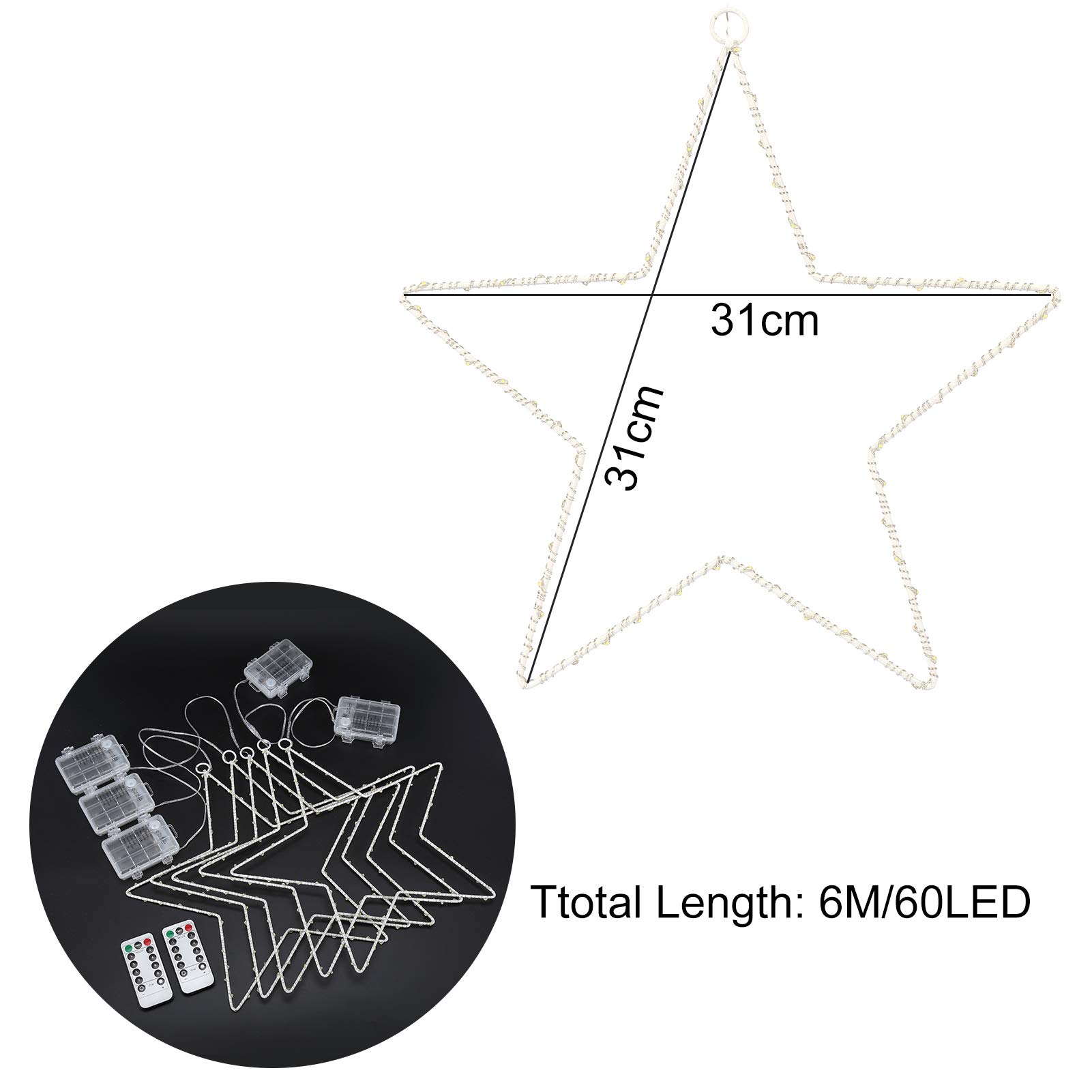 Litake Lot de 5 étoiles lumineuses de Noël à 60 LED de 6 m pour chaque fenêtre, Halloween, fil de cuivre, fonctionne avec piles, 8 modes d'éclairage pour Noël, mariage, fête, intérieur, extérieur (5)