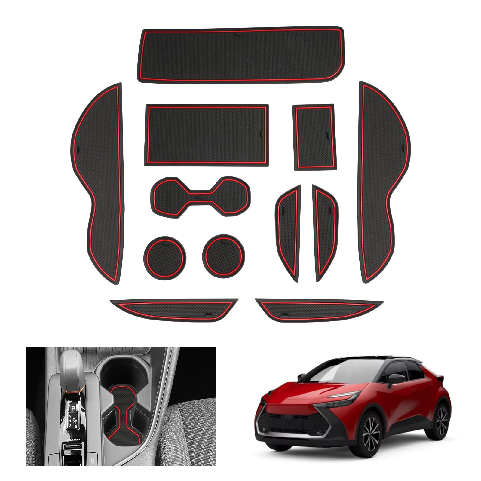 GAFAT Compatibile con Toyota C-HR 2024 2025 2026 Hybrid PHEV (Benzina) Tappetini Antiscivolo, CHR ii 2027 Tappetino Gomma per Console Centrale, Cuciture Porte, Accessori su Misura (Rosso)