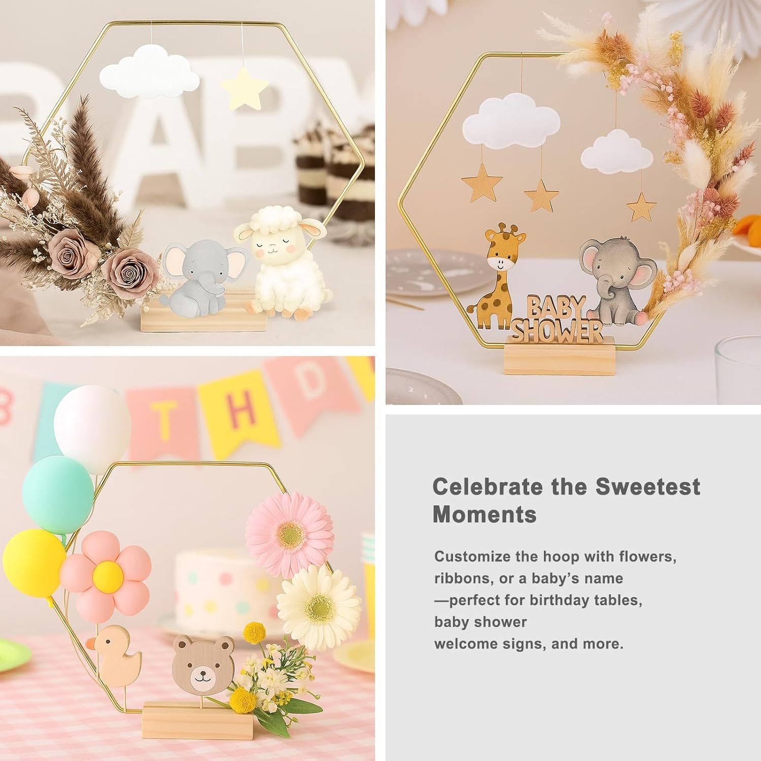 12 Pack Hexagonal Floral Hoops with Stand 16 Inch Metal Rings for DIY Centerpiece Table Decorations Crafts Macrame Ring Hoops Dream Catcher Rings Wedding Birthday Wreath Craft Hoops with Holder, Gold